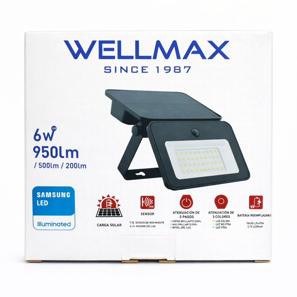 Reflector Solar LED WELLMAX 6W 950 lm – Sensor PIR + 3 colores + IP65 (Batería reemplazable)