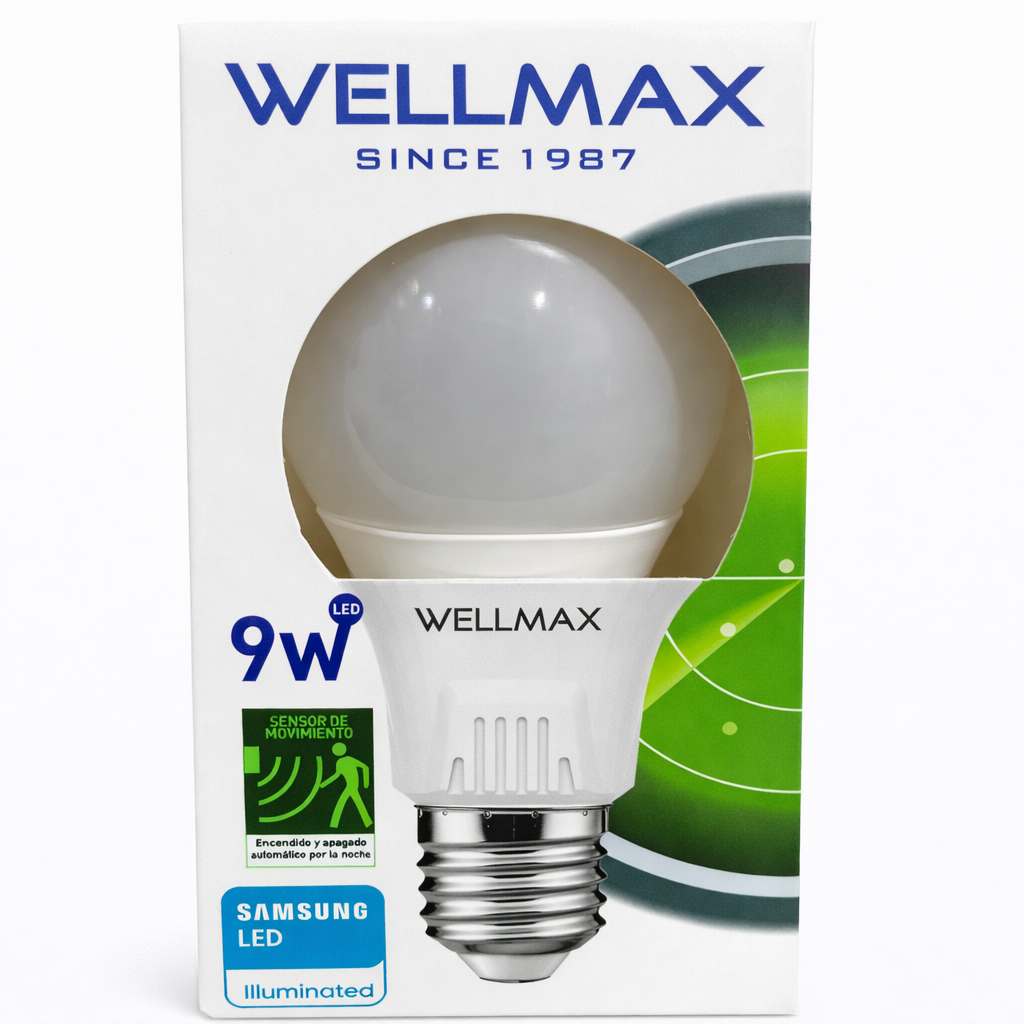 Bombillo LED WELLMAX 9W con Sensor de Movimiento – 810 lm | Luz Fría 6500K
