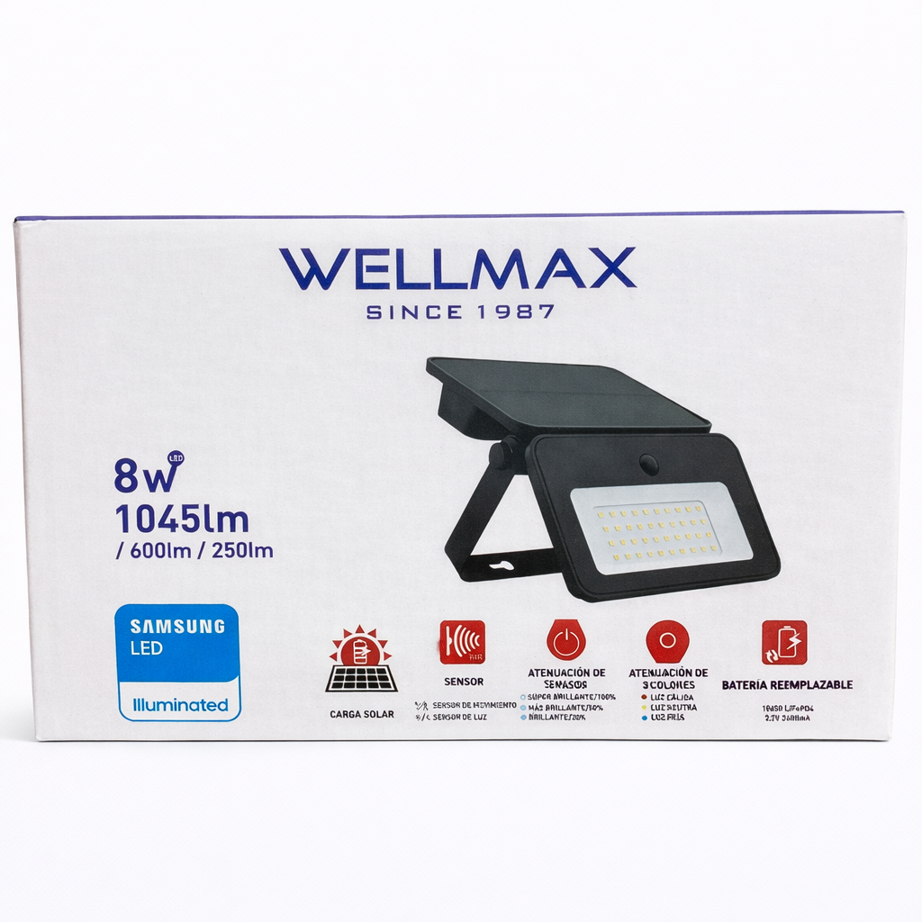 Lámpara Solar WELLMAX 8W – 1045 lm (con sensor y 3 tonos de luz)