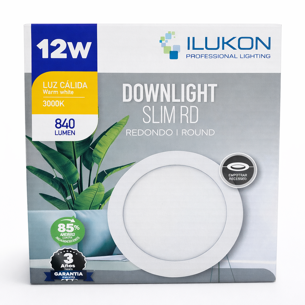 Downlight Slim Redondo ILUKON 12W – Luz cálida
